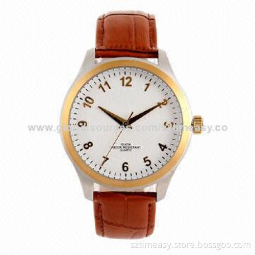 OEM Luxury Stainless Steel Watch with Leather Band, 10ATM Water-resistant